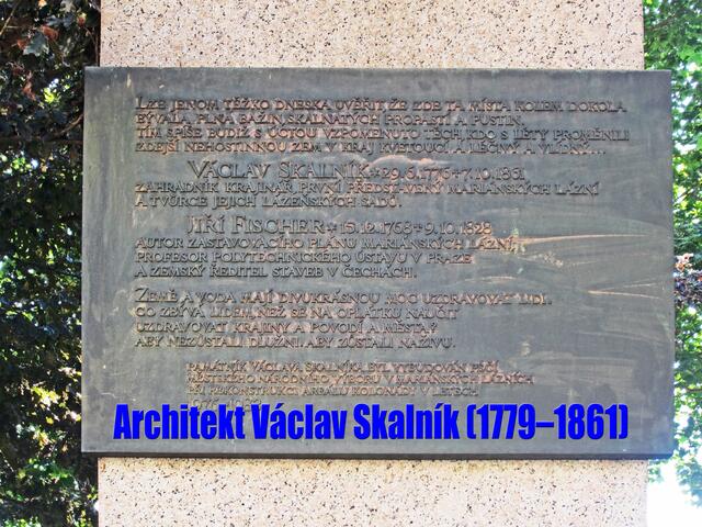 Architekt Václav Skalník (1779–1861),
gestaltete Parkanlagen und Wanderwege.
Mariánské Lázné - Marienbad - Tschechische Republik.
49° 57' 52" Nord, 12° 42' 7" Ost
Gegründet 1818.