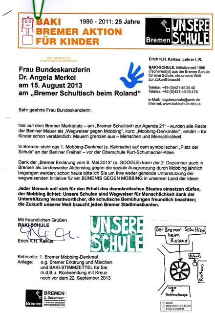 BAKI-Brief für Frau Bundeskanzlerin Dr. Angela Merkel am 15. August 2013 am "Bremer Schultisch beim Roland" (mit Anlage)
