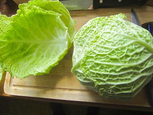 Vom Wirsing die ersten hellgrünen Blätter vorsichtig als Ganzes abtrennen