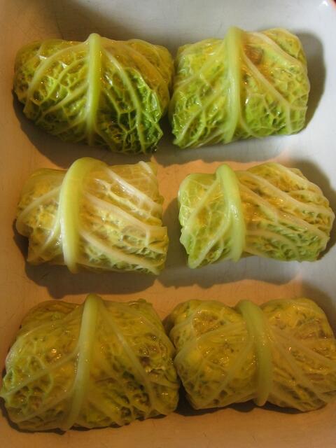 ... nebeneinander in eine Auflaufform legen und mit der Brühe begießen.