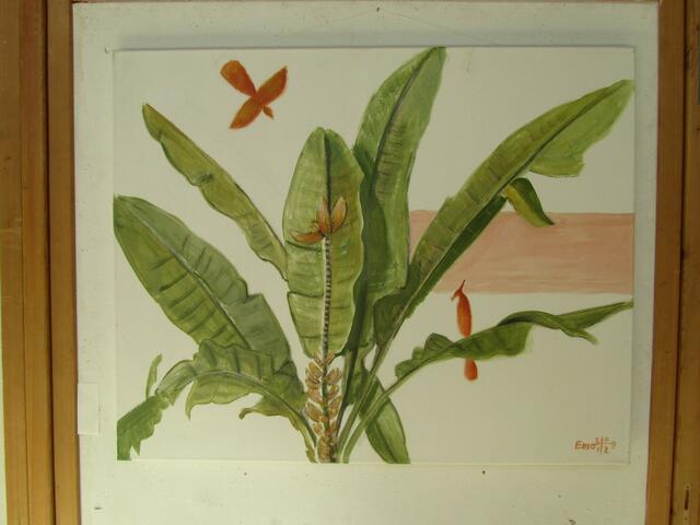 Orange Vögel und Bananen