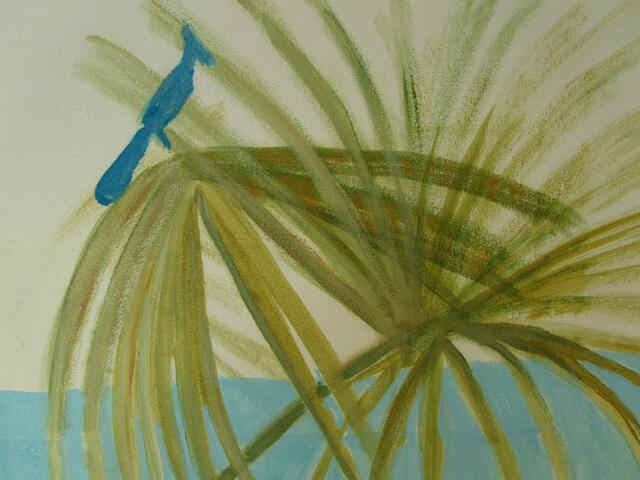Blaue Vögel und Palmen