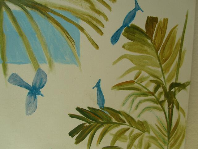 Blaue Vögel und Palmen