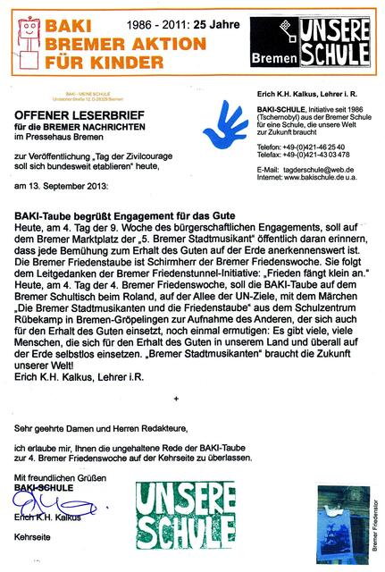OFFENER LESERBRIEF für die BREMER NACHRICHTEN am 13. September 2013