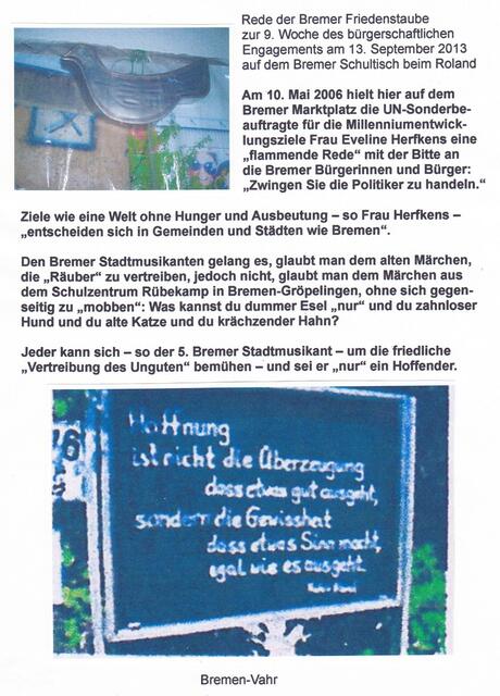 Rede der Bremer Friedenstaube zur 9. Woche des bürgerschaftlichen Engagements am 13. September 2013 auf dem Bremer Schultisch beim Roland