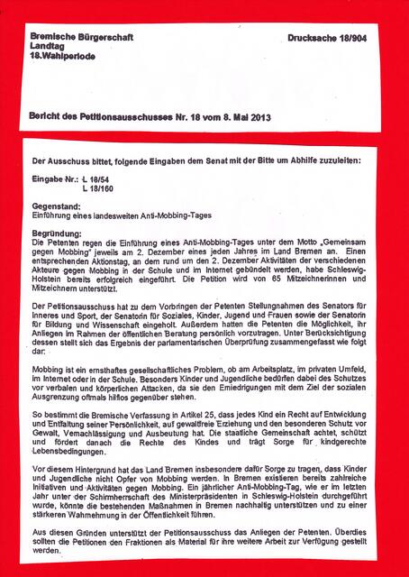 BAKI-Manifest zum Weltkindertag 2013: die "Bremer Erklärung vom 8. Mai 2013" | Foto: Bremische Bürgerschaft