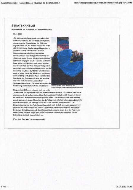Mauerstück als Mahnmal für die Demokratie - Mitteilung der Pressestelle des Senats Bremen am 5. November 2009 | Foto: Senatspressestelle Bremen