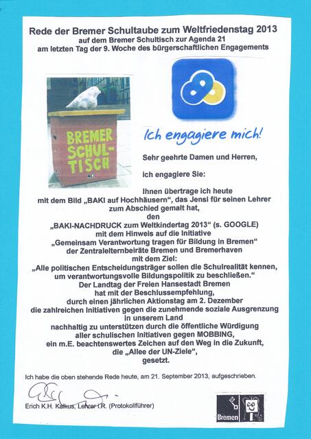 Rede der Bremer Schultaube zum Weltfriedenstag 2013 auf dem Bremer Schultisch zur Agenda 21 am letzten Tag der 9. Woche des bürgerschaftlichen Engagements