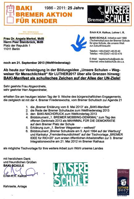 BAKI-Brief vom 21. September 2013 an Frau Dr. Angela Merkel, MdB