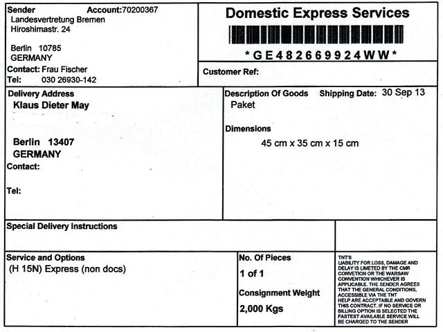 Aufkleber auf dem Paket für Herrn Klaus-Dieter May in Berlin