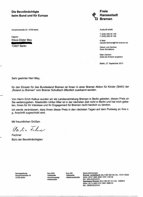 Dankschreiben vom 27. September 2013 aus der Landesvertretung Bremen an Herrn Klaus-Dieter May