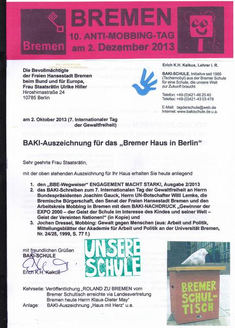 BAKI-Brief vom 2. Oktober 2013 an Frau Staatsrätin Ulrike Hiller (gebundene Dokumentation, erste Seite)