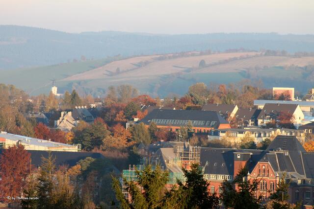 Blick vom Schreckenberg Richtung Mildenauer Kirche (ganz links hinten).