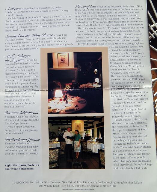 L'Auberge du Paysan, Somerset West 
http://winemag.co.za/archive/laugerge-du-paysan/