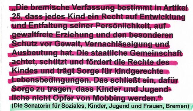 Feststellung der Senatorin für Soziales, Kinder, Jugend und Frauen, Bremen, zur Petition L 18/160 (Anti-Mobbing-Tag auch in Bremen) aus Berlin