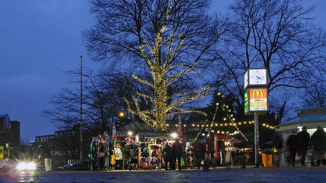 Tannenbäume und festliche Girlanden schmücken den Weihnachtsmarkt in der Innenstadt.