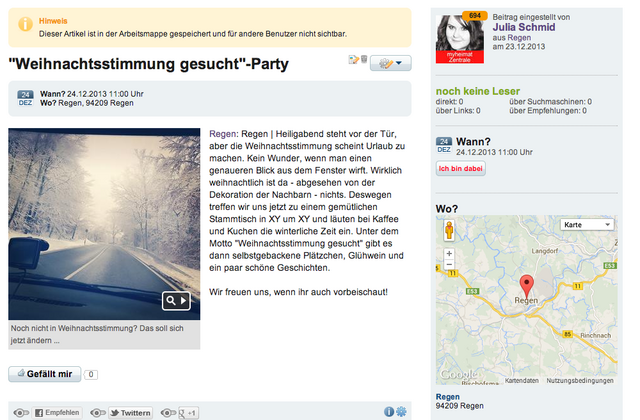 So sieht unser Veranstaltungshinweis dann aus (bei Veröffentlichung ohne den gelben Banner oben). Unter der Überschrift und auch auf der rechten Seite gibt es einen Hinweis, wo und wann die Veranstaltung stattfindet. Auf der Karte wird der Ort sogar nochmal ganz genau angezeigt.