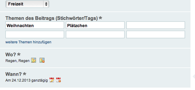 So sieht das dann nochmal komplett aus. Kategorie vergeben, zwei Stichworte und die Ortsangaben eingetragen. Das war's!