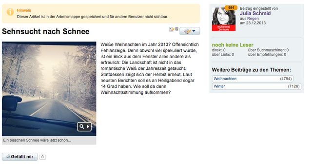 So sieht dann der fertige Beitrag aus (nur ohne den gelben Hinweis). Rechts seht ihr unter "Weitere Beiträge zu den Themen" die Stichworte, die ihr vergeben habt. Links das Bild mit Bildunterschrift und dazwischen euer Text.