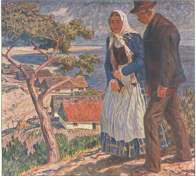 Kurische Trachten: Kalenderblatt nach Ernst Bischoff-Culm "Kirchgang" | Foto: http://wiki-de.genealogy.net/Datei:Kurische_Trachten.jpg