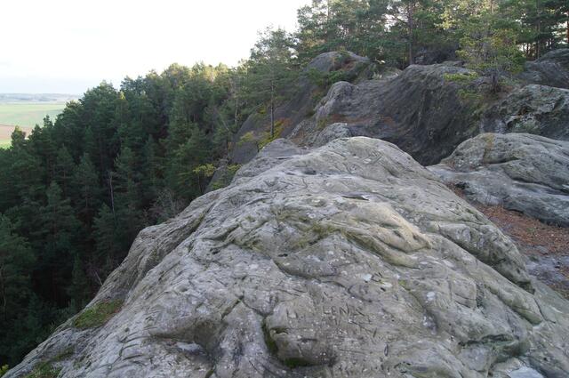 Der Kamm dieser Teufelsmauer, in den sich zahlreiche Wanderer durch Einkerbungen ein Denkmal gesetzt haben.