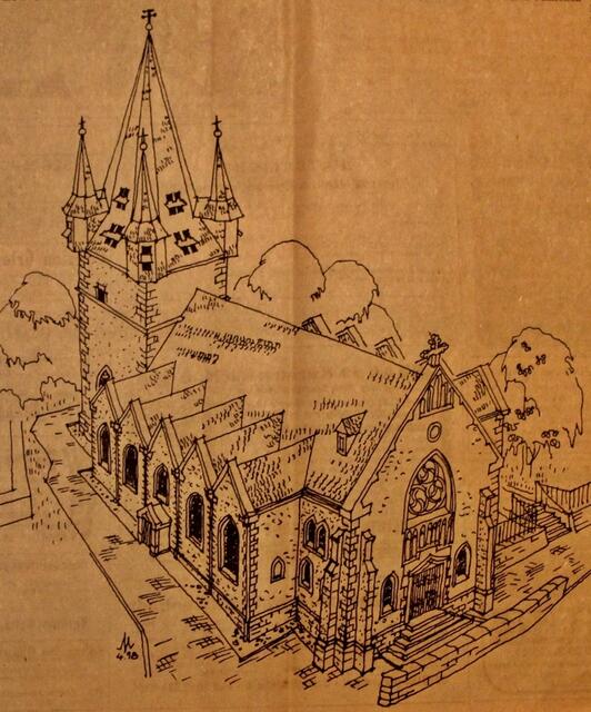 Zeitungsartikel vom 13. Mai 1978 - So wird die alte Kirche in Bauerbach nach ihrer Fertigstellung aussehen (Zeichnung des Architekten Dipl.-Ing. Mende aus Kirchhain).