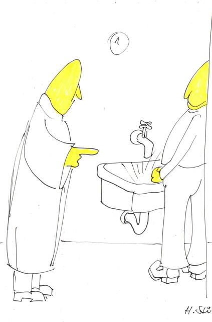 Warum pinkeln Sie in den Gossenstein?          "  Weil mein Urinal verstopft ist. "