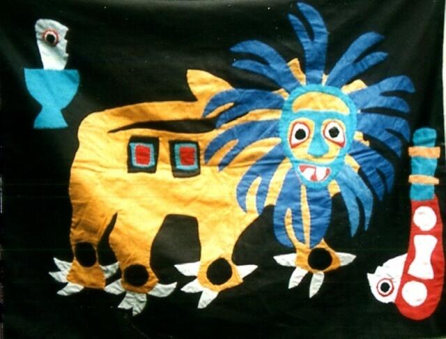 Patchwork aus bunten Tuchen- Embleme der früheren Yoruba-könige