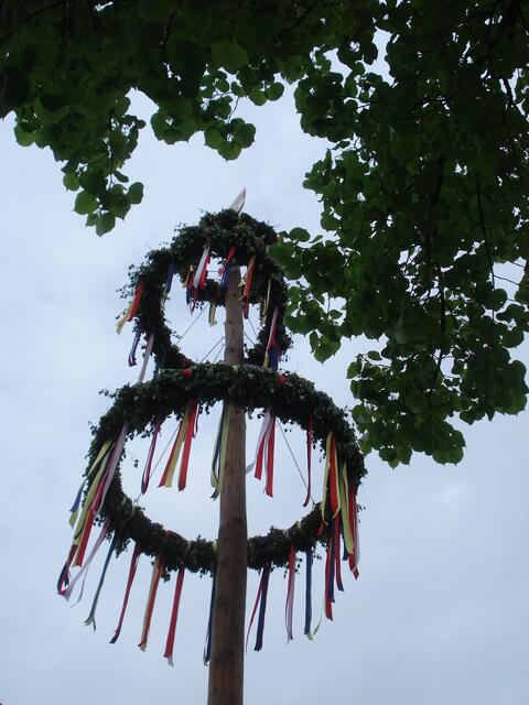 Nun schmückt der Maibaum wieder bis zum Herbst den Platz am DGH Holtensen