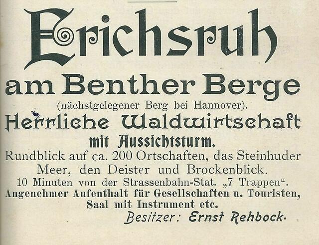 Anzeige in: "Führer durch Hannover", vermutlich 1896. Man beachte: Rundblick auf 200 Ortschaften. Wirklichkeit oder überzogen? Wir werden es nicht mehr erfahren, der Turm ist Geschichte.