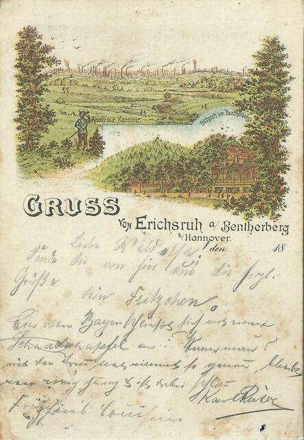 In der Ferne ist Linden mit seinen Fabrik-Schornsteinen zu sehen. Oben rechts > Lindener Berg mit Windmühle, die nur bei genauem Hinsehen zu erkennen ist, um 1896