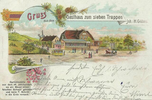 Gasthaus zum sieben Trappen, Litho, um 1900. Zunächst Endpunkt der Straßenbahn, später bis Gehrden und Barsinghausen.
