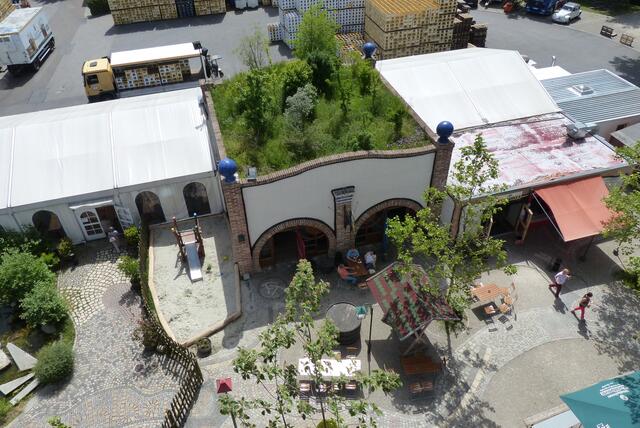 Blick nach unten: Hundertwassers Idee: Was man durch Bebauung der Natur nimmt, muss man ihr wiedergeben durch Begrünung des Gebäudes!