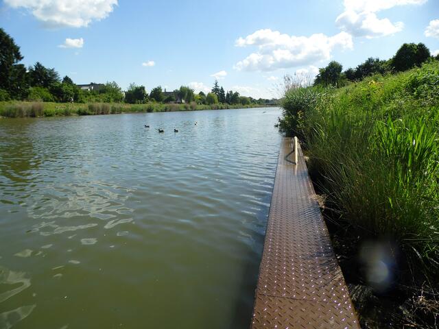 Man kann sich auch mal auf den Steg setzen und die Beine ins Wasser baumeln lassen. Auch wird im Kanal gebadet.
