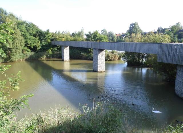 In der Oststadt wird ein angrenzender Flachwasserbereich auf einer Fußgängerbrücke überquert.
