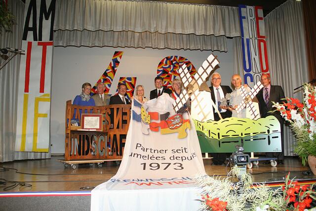 ein schönes Abschlussbild mit allen Geschenken von linksClaudia Riemensperger  (Meitingen's 3. Bürgermeisterin) John Bourne (englische Deligation aus Eye - Partnerstadt von Pouzauges)  Werner Grimm (2. BM Meitingen) Renate Unger (Vorsitzende Partnerschaftskomitee) Meitingen's Bürgermeister Dr. Michael Higl , Pouzauges Bürgermeisterin Michèle Devanne  , Gèrard Poupin (Vorsitzender des Partnerschaftskomitee Pouzauges), Claude Vincent (Sprecher des Fahrradclubs Pouzauges) . David Weiss (englische Deligation au