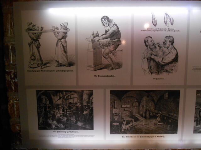Ausstellung im Hexenmuseum. (Bildtafeln wie früher gefoltert wurde.)
