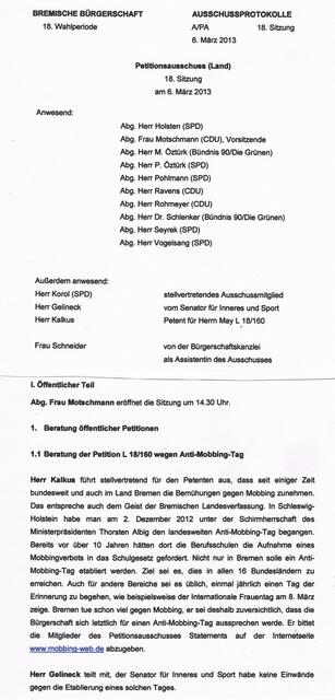 Ausschussprotokoll der Bremischen Bürgerschaft vom 6. März 2013 | Foto: Bremische Bürgerschaft