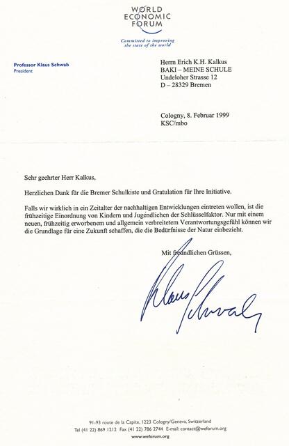 Brief von Herrn Professor Klaus Schwab (WORLD ECONOMIC FORUM) vom 8. Februar 1999