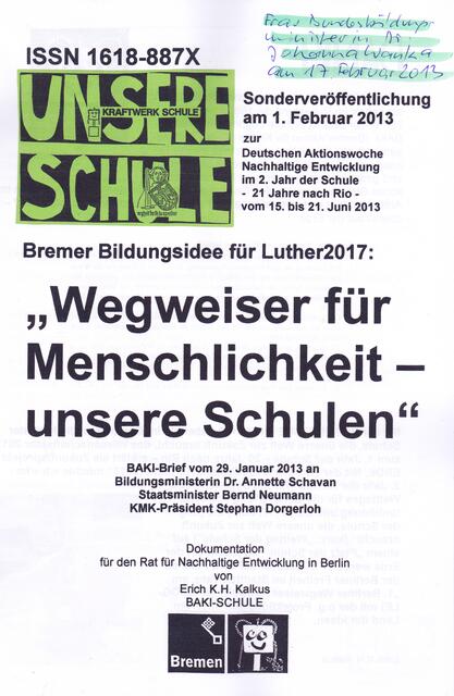 BAKI-Dokumentation für den Rat für Nachhaltige Entwicklung in Berlin vom 1. Februar 2013 (Deckblatt)