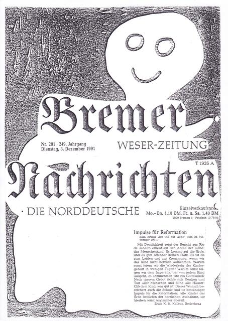 Bremer Nachrichten, 3. Dezember 1991: Leserbrief "Impulse für Reformation"