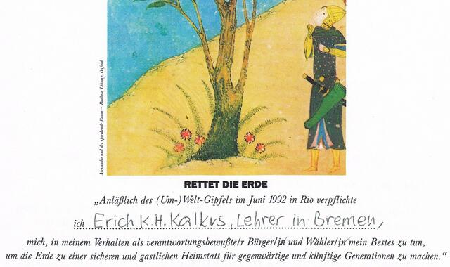 Meine Verpflichtung als Bremer Lehrer 1992 anlässlich des (Um-) Welt-Gipfels in Rio