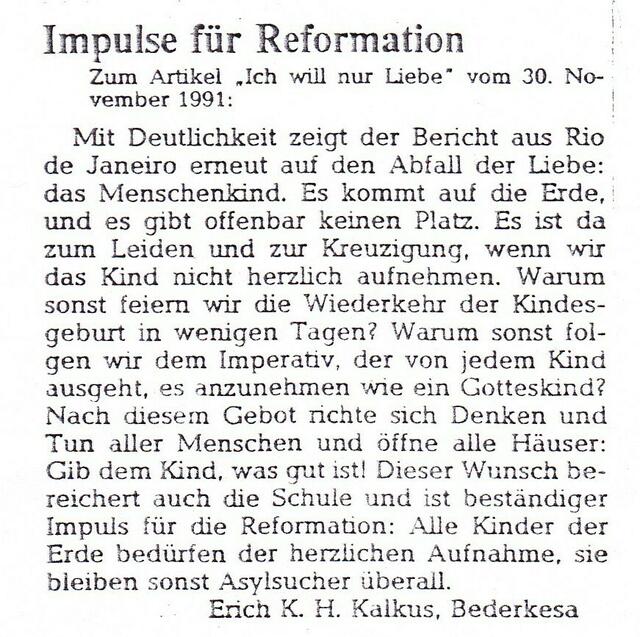 "Impulse für Reformation", Leserbrief von Erich K.H. Kalkus, Lehrer, in den BREMER NACHRICHTEN am 3. Dezember 1991