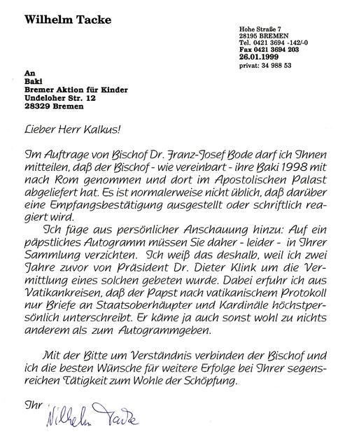 Brief von Herrn Wilhelm Tacke, Pressereferent der Katholischen Gemeinde Bremen, vom 26. Januar 1999