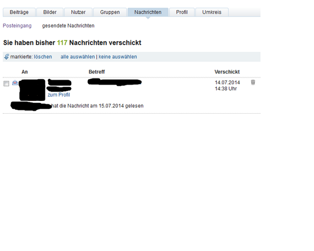 Das wissen vielleicht noch nicht alle: Habt ihr eine Nachricht verschickt und wollt auch sehen, ob diese beim Empfänger angekommen ist, klickt ihr ganz einfach auf „gesendete Nachrichten“. Scrollt nach unten und ihr seht eine Übersicht aller verschickten Nachrichten. Dort, wo normalerweise ein Vorgeschmack auf die Nachricht steht, seht ihr, ob und wann der myheimatler eure Nachricht geöffnet/gelesen hat.