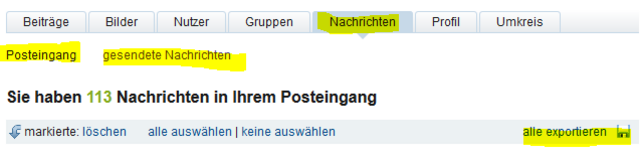 Diesen Bereich kennen viele Nutzer besonders gut: Den Posteingang, der sich unter „Nachrichten“ befindet! Hier habt ihr eine Übersicht all eurer Nachrichten und könnte diese lesen und verwalten. Falls ihr euren Posteingang aufräumen möchtet, ohne eine Nachricht zu verlieren, klickt auf „Alle exportieren“. So habt ihr die Möglichkeit, alle eure Nachrichten in Text-Format zu sammeln und abzuspeichern.