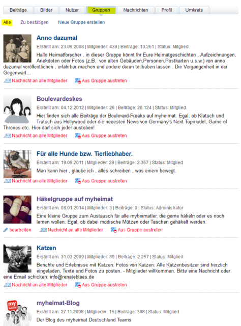 Auf zu den „Gruppen“! Hier habt ihr unter „Alle“ eine Übersicht aller Gruppen, in denen ihr Mitglied und/oder Gruppenleiter seit. Wenn ihr eine Gruppe leitet, habt ihr unter der Kurzbeschreibung die zusätzliche Funktion „Bearbeiten“. Als Gruppenmitglied könnt ihr eine Nachricht an alle  Mitglieder versenden. Zusätzlich könnt ihr mit einem Klick die Gruppe verlassen, sollten sich beispielsweise eure Interessen geändert haben.