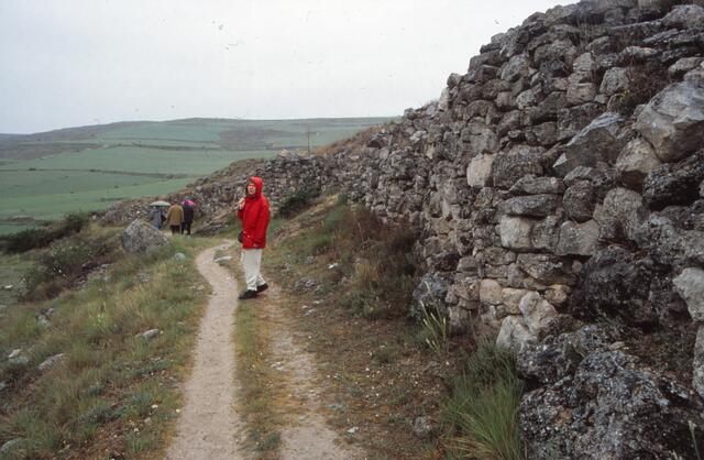Angela auf dem Pilgerweg bei Olmillos de Sasamón, vor Castrojeriz. -  Der Pilger muss auch im Juni an Regenkleidung denken.