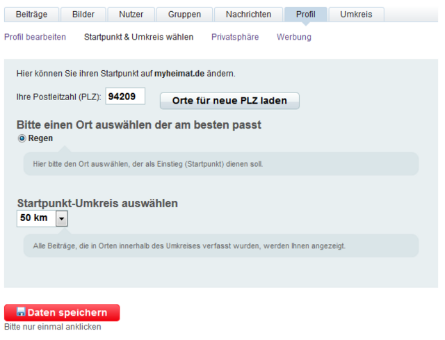 Unter „Startkreis & Umkreis wählen“ könnt ihr auswählen, was in myheimat als euer Heimatort angezeigt werden soll. In meinem Fall habe ich – obwohl ich aus Augsburg stamme – die Postleitzahl meiner Heimat eingegeben, um sofort zu sehen, falls sich dort etwas tut. Im Feld darunter habt ihr die Möglichkeit, den Umkreis eures Startpunkts auszuwählen.