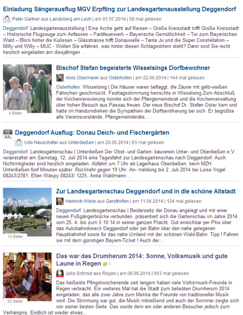 Das hatten wir schon einmal: Kommen wir zum „Umkreis“: Hier seht ihr schlicht und einfach eine Übersicht aller Beiträge aus eurer ausgewählten Heimat und dem ausgewählten Umkreis. Da ich einen Umkreis von 50 km bestimmt habe, sehe ich hier nicht nur Beiträge aus Regen (Heimatort), sondern auch unter anderem aus Deggendorf.